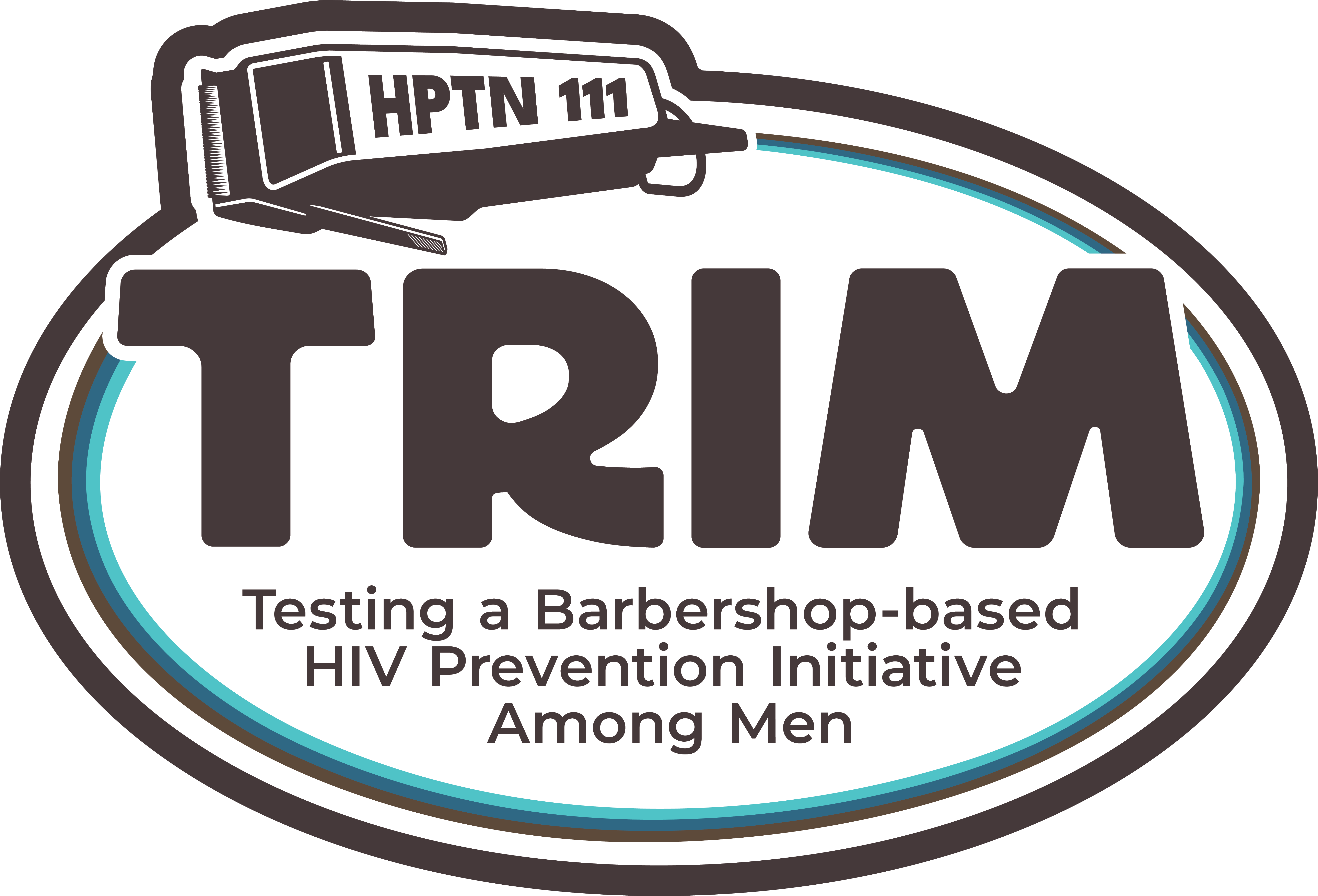 HPTN 111 TRIM Study logo featuring a hair buzzer and a study description reading "Testing a barbershop-based HIV prevention initiative among men"