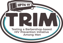 HPTN 111 TRIM Study logo featuring a hair buzzer and a study description reading "Testing a barbershop-based HIV prevention initiative among men"